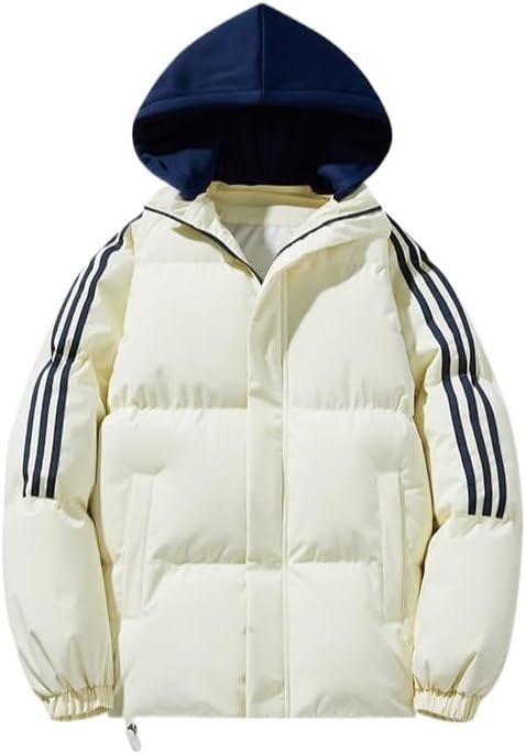 Unisex winter down jacket with striped sleeves, hooded windproof and warm cotton coat