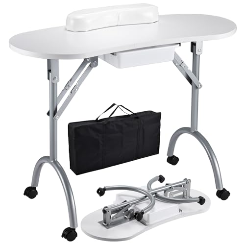 Joligrace Professional Foldable & Portable Manicure Table Nail Desk Technician Workstation 4 Lockable Wheels with Drawer Client Wrist Pad Free Carrying Bag Travel Nail Tech Spa Beauty Table White