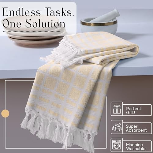 Image of Matrix Dobby Kitchen Towels 4 Pack, 100% Cotton, 16x26 Inches, Absorbent Tea Towels with Handmade Tassels, Reusable Washable Cloths for Quick Drying and Cleaning - Pale Yellow, White