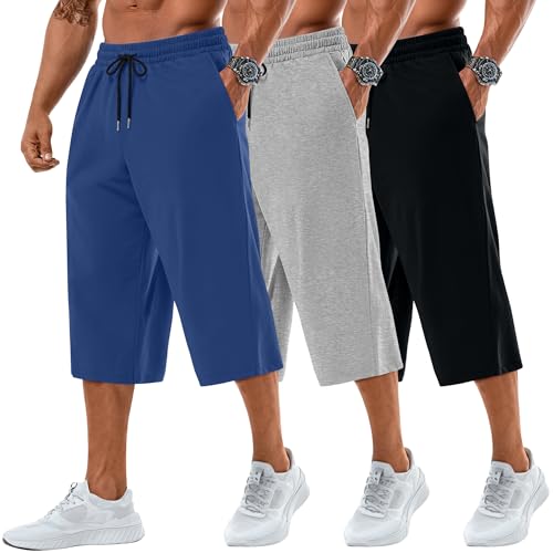 Neer 3 Pack Men's Baggy Capri Pants Plus Size Below Knee Casual 3/4 Shorts Big and Tall Summer Drawstring Pants with Pockets(Black, Light Mixed Gray, Blue,3X-Large)