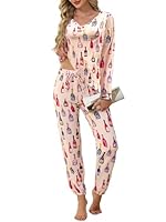 Famulily Ladies Pyjama Sets Printing Long Sleeve Pj Set Soft V Neck Loungewear Cosy Sleepwear Sets with Pockets Pink M