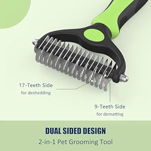 Pet hair removal tool dematting and deshedding brush for dogs and cats double sided pet grooming brush hair shedding comb green   cucciolini doodles