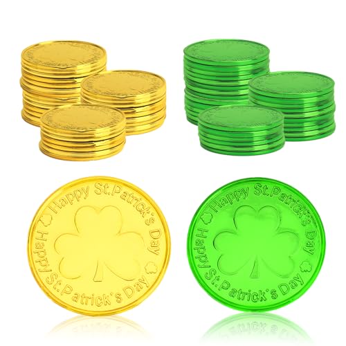 60 PCS St Patricks Fake Gold Coins Plastic Gold Green Lucky Clover Coins Play Money for Kids Shamrock Coin St Patricks Day Game Party Favors Supplies Decorations Pirate Takens Toys Accessories Ideas