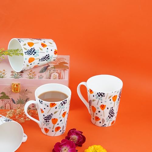 Image of Dandy Lines Conical Floral Fusion Milk Mug, Ceramic, Pack of 4, Microwave & Dishwasher Safe, Great for Home Use & Gifting