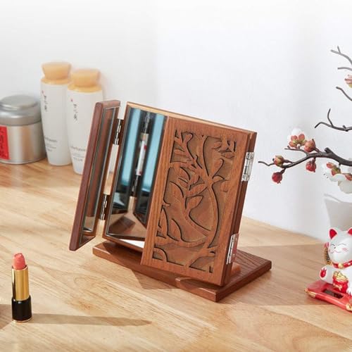 Miroir de maquillage avec support gravé rétro et pliable - 6