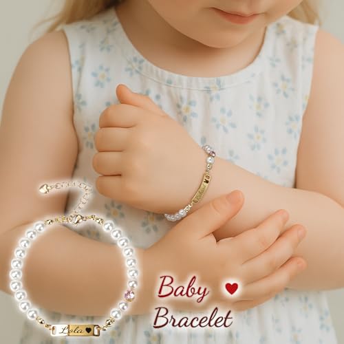 Personalized Name Baby Girl Bracelet 18K Gold Kids Pearl Bracelets Custom Name ID Plate Protection Bracelet for Children Toddler from Mom, Engraved Name for Daughter, Baptism Gifts for Girls4