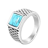 Material: Rostfreier Stahl OAKKY Männer Kreativ Retro Schachspiel Muster Quadratischer Schnitt Simuliertes Türkis Edelstein Biker Ring Edelstahl Aussage Silber Größe 57 (18.1)