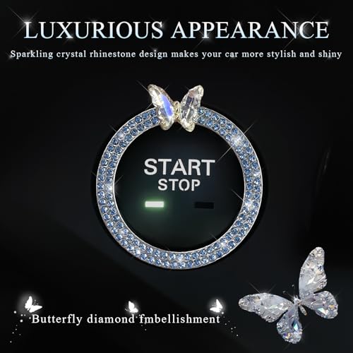 Image of DXNQ 2PCS Bling Ring Emblem, Sparkling Butterfly Car Buttons and Knobs Ring, Girly Butterfly Diamond Car Engine Start Button Cover, Key Ignition Knob Rings Decoration for Women (Blue, Double Row)