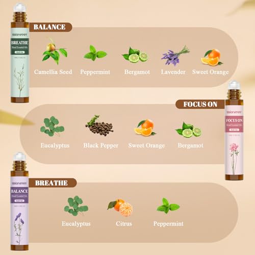 Migcaput Ätherische Öle Roll On Set 6X10ml, Natürliche Ätherische Ölmischung Aromatherapie Geschenkset für Schlafen, Atmen, Entspannen, Glück, Ruhe, Konzentration