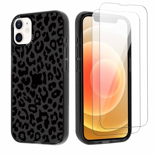 lioscre Cheetah Print Phone Case for iPhone 12 / iPhone 12 Pro 6.1" Case with 2 Pack Tempered Screen Protector, Cute Leopard Pattern Design Funda Shockproof TPU Soft Clear Cover for Women Girls, Black