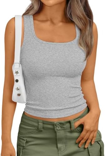 Trendy Queen Womens Crop Tank Tops Square Neck Ribbed Sleeveless Basic Slim Fitted Y2k Shirts Summer Going Out Clothes Grey S