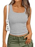 Trendy Queen Womens Summer Tank Tops Square Neck Ribbed Sleeveless Basic Crop Going Out Slim Fitted Y2k Clothes 2025 Grey S