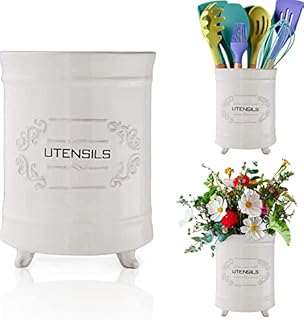 French White Ceramic Utensil Holder - Vintage Style Kitchen Utensil Caddy - Antique Design Cooking Utensil Organizer - Rustic French Country Utensil Crock for Cooking Enthuziast