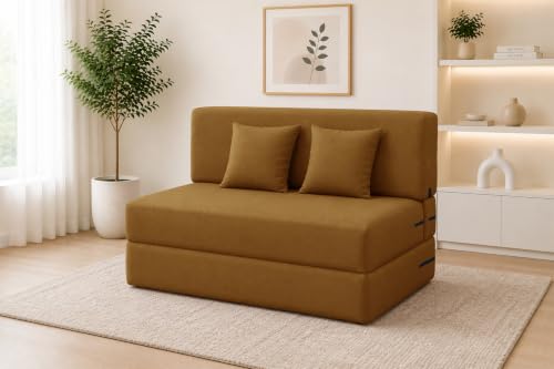 Image of Los Angeles Foldable 2 Seater Sofa Cum Bed, Sofa Bed 4X6 Feet Jute Fabric Washable Cover- Including Two Cushion Perfect for Living Room - Golden Color