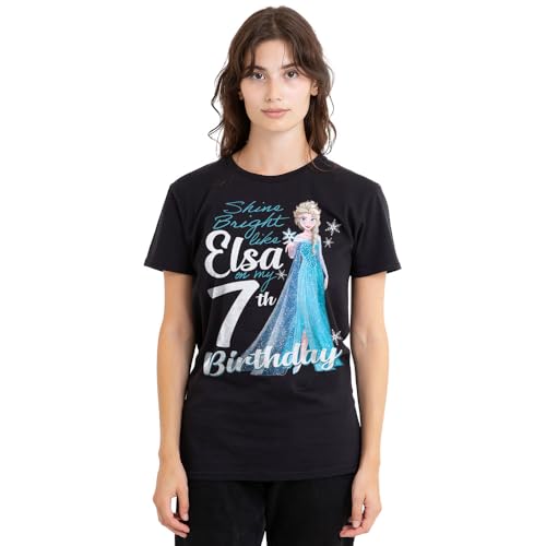 T-shirt Elsa Frozen femme noir 7t Birthday imprimé col rond manches courtes