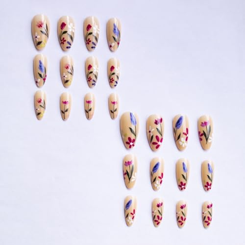 GlamRays Almond Spring Press-on-Nägel Farbenfrohe Blumen-Falschnägel Glanzfinish Acrylnägel Press-ons mit Blumen-Designs süße Blumen-Finger-Maniküre Nagel-Set 24 Stück
