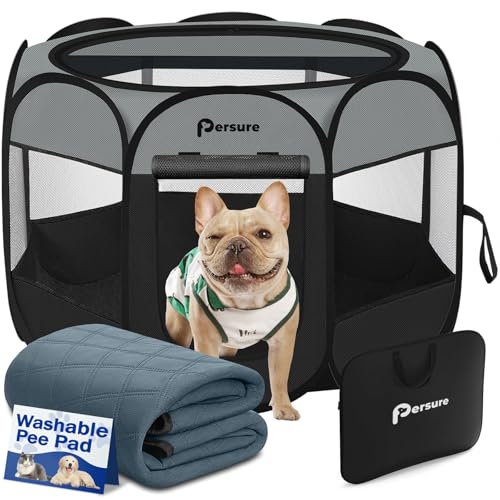 Image of Dog Cat Playpen Indoor Outdoor for Puppy Pet Dog Cat Recovery After Surgery | Dog Tent Crates Cage Indoor /Outdoor, Portable Pop Up Kennel with Carrying Case for Travel (Dark Grey with Pad, Large)