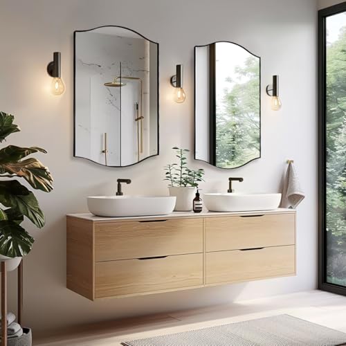 Image of ANDY STAR 24 inchx36 inch Black Bathroom Mirror, Rectangle Scalloped Wall Mirror in Stainless Steel Metal Frame, Modern Matte Black Finish with Curved Edge Design, Wall-Mount Vertically or Horizontally
