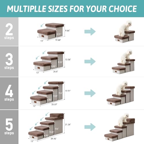COZY KISS Dog Stair for Small Dogs with Storage, 13.6\" H Foldable Pet Step with Soft Leakproof Cover, Older Cat Ramp for Chair Couch Sofa, Lightweight, Comfort, 24.8x13x13.6 inch, 3 Tiers, Brown,