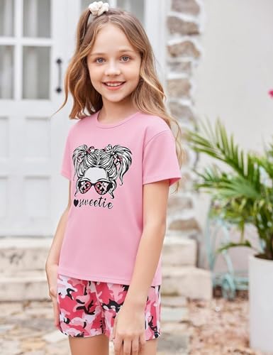 Image of mksodopy Girls Summer Clothse Graphic Print Front and Back High and Low Irregular T-shirt Cycling Shorts Set