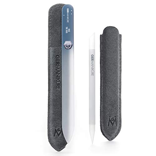 GERMANIKURE 2 Pc Glass Bundle - Crystal Glass Cuticle Stick & Hug The Dog Nail File Set in Suede Sleeves &ndash; Handmade in Czech Republic &ndash; Professional Manicure Supplies &ndash; Cuticle Pusher, Callous Remover