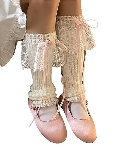 OYOANGLE Women's 1 Pair Lace Trim Bow Rib Knit Leg Warmers Y2K Kawaii Long Socks for 80s Party Dance