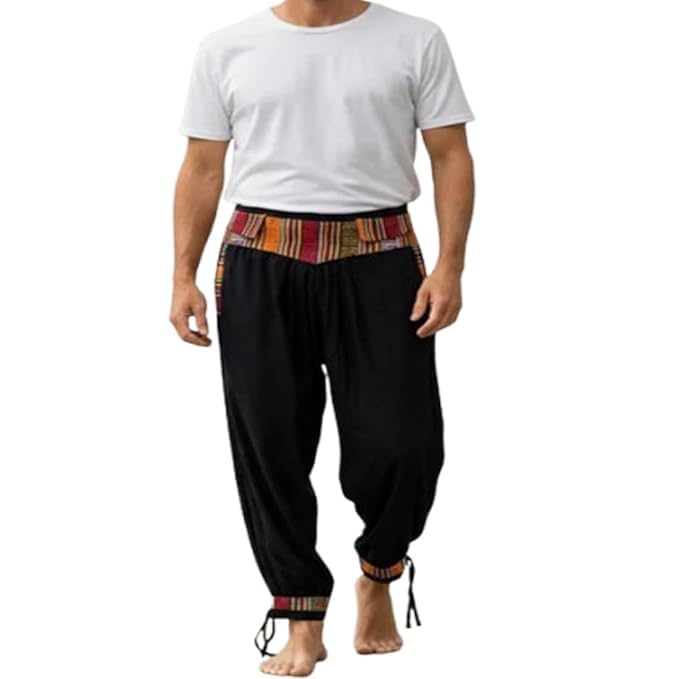 cigain Summer Men's Black Harem Pants Pajama Trouser with Tribal Waistband, Boho Style, Tapered Cuffed Legs (Free Size) 28-36-picture-40