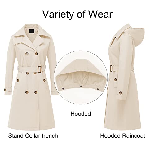 CREATMO US Long Coats for Women Overcoat Trench Hood Belt Double Breasted Waterproof Beige 2XL by CREATMO US - Used condition - US$35.12