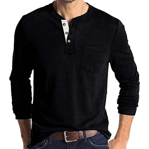 Jacansi Men's Henley Tops Thermal Cotton Top Casual Slim Fit Athletic Button T-Shirts Black L Cover