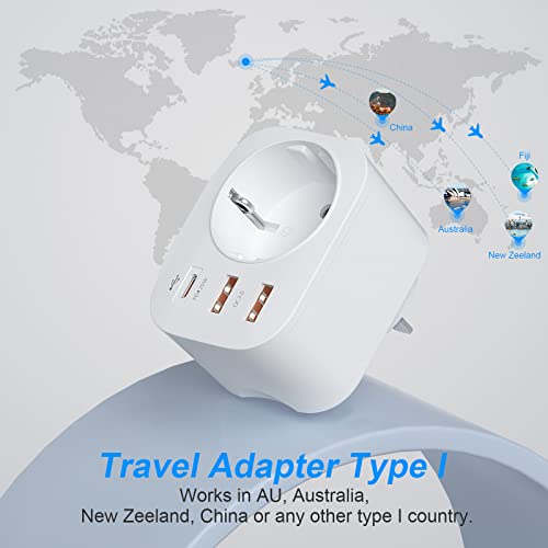 Unidapt 20W Australien Reiseadapter, 4 in 1 PD & QC 3.0 Schnellladestecker-Adapter, mit 2 USB-Anschlüssen und 1 USB-C-Anschluss, für Australien, Argentinien, China, CE-Zertifizierung-Typ I