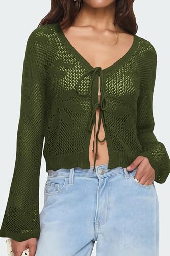 Image of Balimtoy Women Tie Front Cardigan Crochet Sweater Crop Tops Cute Bell Long Sleeve Knit Shrug Beach Vacation Cover Up