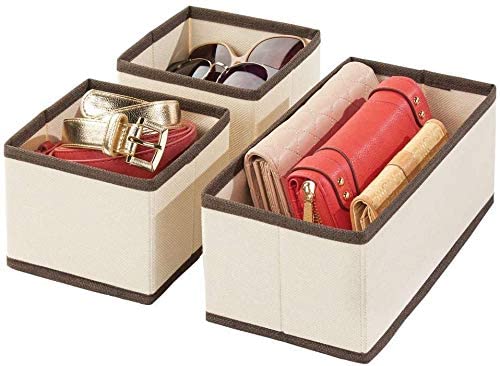 Image of Foldable Set of 3 Cloth Storage Box Closet Dresser Drawer Organizer Cube Basket Bins Containers Divider with Drawers for Underwear, Bras, Socks, Ties, Scarves (Set of 3 - Beige)