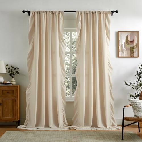 Beige Ruffle Curtains 90 Inches Long 2 Panels Set for