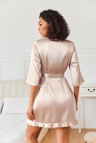 Image of Ekouaer Women's Satin Robes Silk Kimono Bath Robe Short Ruffled Hem Bride Bridesmaid Sleepwear with Pockets