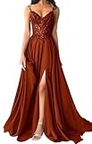 KIYNE Rust Bridesmaid Dresses for Women with Slit Lace Applique V Neck Chiffon Prom Ball Gown Wedding Guest Dress UK12