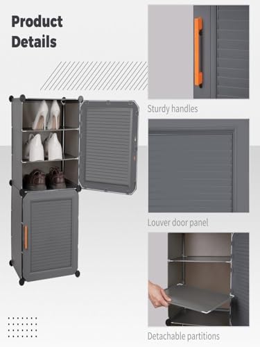 Image of Mevigo 6-Tier Shoe Rack with 2-Doors|Holds 12-Pairs |Waterproof & Dustproof Modular Plastic Shoe Cabinet|Foldable Stackable Shoe Organizer with MetalFrame |Space Saving Storage -Grey,