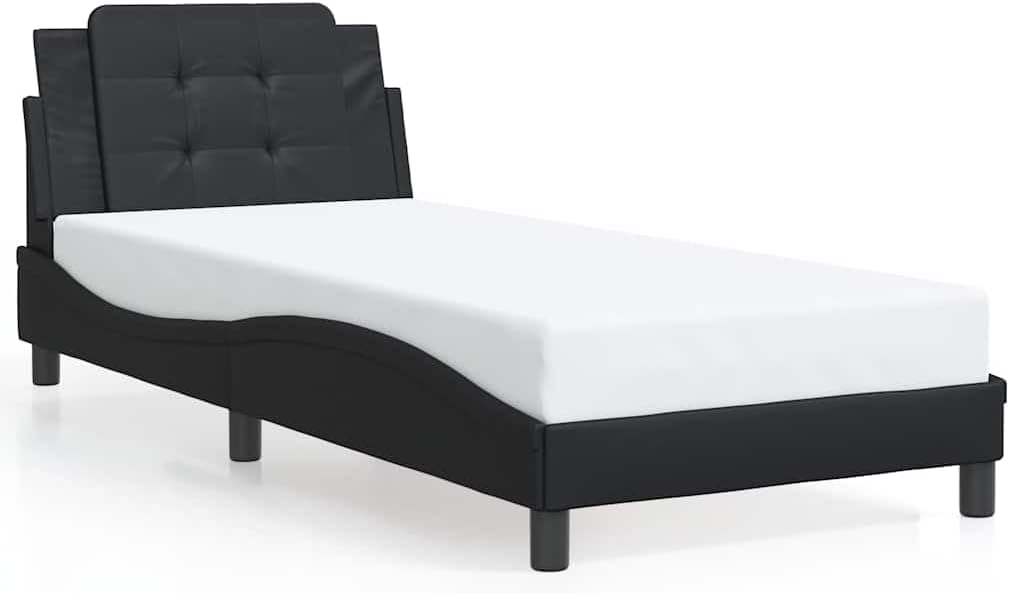 Black Faux Leather Bed Frame Single Size with Cushioned Headboard Durable Solid Wood Platform Foundation Easy Assembly Modern Minimalist Bedroom Furniture for Mattress Support
