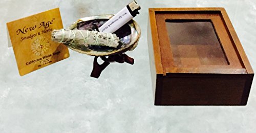 New Age Smudges & Herbs® - California White Sage Cleansing | Purification | Blessing Kit Includes: Abalone Shell 4-5", Wooden Tripod 4", White Sage 3-4", Wooden Box, Free Gift