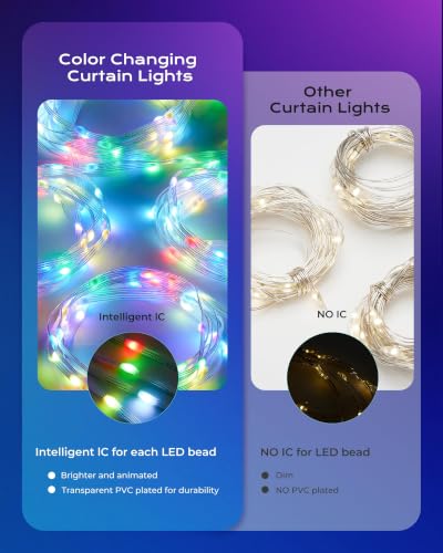 Image of Brightown 540 LED RGB Smart Curtain Fairy Lights with Remote, 4.9x6.6ft | Color Changing Christmas String Lights with 8 Modes & Timer, IP65 Waterproof Curtain Lights for Bedroom Window Party Holiday