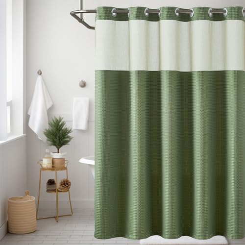jinchan Olive Green No Hook Waffle Weave Shower Curtain with See Through Top Window Honeycomb Textured Waterproof Fabric Bathroom Set Modern Hotel Sty