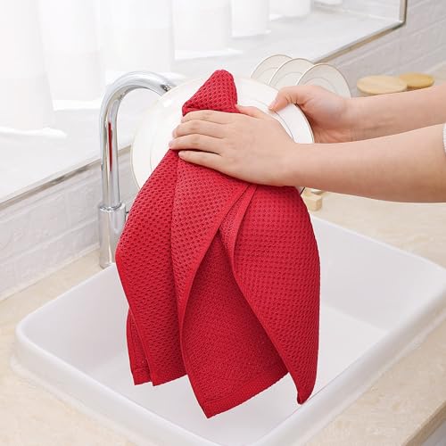Image of Homaxy 100% Cotton Waffle Weave Kitchen Dish Towels, Ultra Soft Absorbent Quick Drying Cleaning Towel, 13 x 28 Inches, 4-Pack, Red