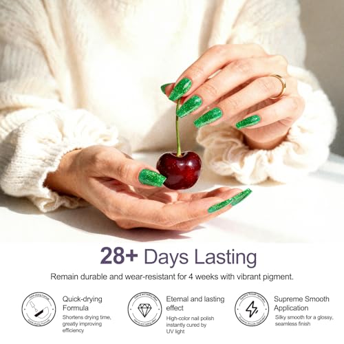 Hema-Free Gel Nail Polish 15ml, Long Lasting Hypoallergenic Professional Nail Color with Brilliant Shine, Salon-Quality UV Polish for Sensitive Skin, Home DIY Nail Art Gifts for Women (Green Glitter) — view 6