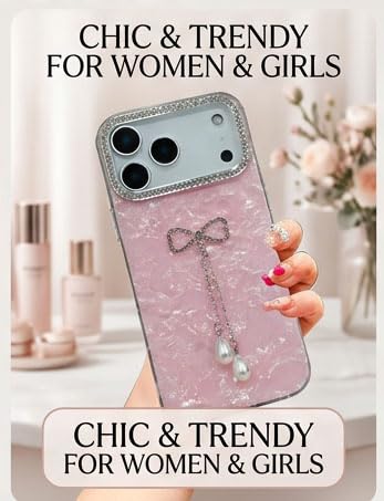 Image of mobistyle Compatible with iPhone 17 Pro | Shell Pattern with Bow Tassel and Daimond Camera Lens Protection Back Cover Case for Women Girls iPhone 17 Pro (Pink)