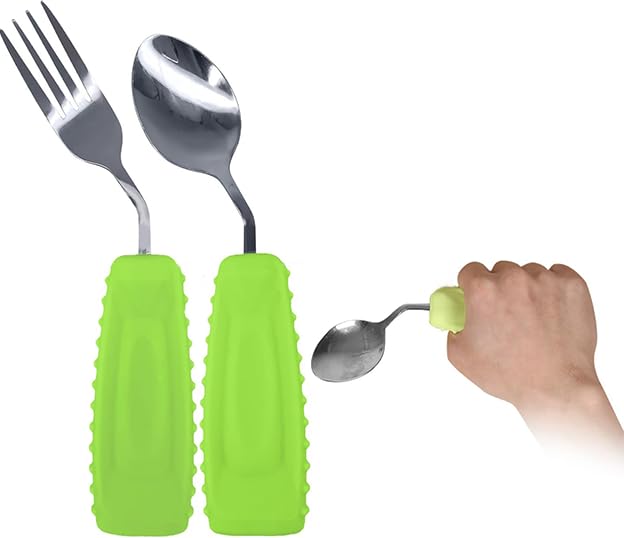 Image of Adaptive Utensils Angled Spoon and Fork for Hand Tremors Parkinsons,Weighted Utensils with Non-Slip Easy Grip Handles for Independent Eating (1pcs Spoon+1pcs Fork=2 pcs,Green,Right Hand)