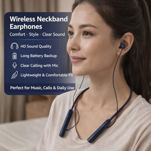 Image of HIVEN Neckband Bluetooth Earphones Upto 120 Hours | Wireless Bluetooth | 13mm Dynamic Driver | Soft Silicone Eartips | Adjustable Fit | Wireless with Mic in Ear Earphones (Blue)