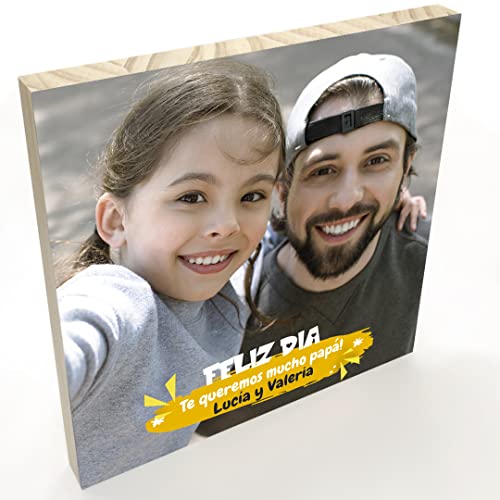 Wood Expression Cuadro cuadrado personalizado con foto para el dia del padre en madera natural | Regalo Original día del Padre | Varios diseños y medidas disponibles. (20x20 cm., Feliz día) Cover