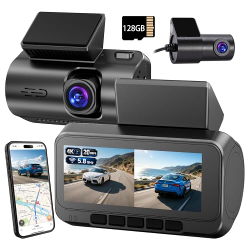 Dash Cam Front 4K Rear 1080P, Built-in 5G WiFi & GPS, 3.16 Inch IPS Screen, HDR Night Vision, G-Sensor Loop Recording, Suction Mount Car Camera for Vehicle Safety,Support 512GB, (Free 128GB TF Card by DKGEA - Used condition - US$53.41