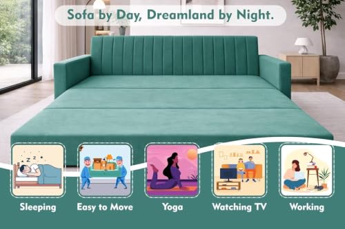 Image of Rosebell Foldable Sofa-Cum-Bed | Three-in-One Convertible Couch with Armrest | Modern Fabric Sofa for Living Room, Bedroom & Office - Green Color