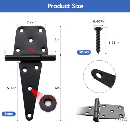 Image of 6 Inch T-Strap Gate Hinges, Heavy Duty Gate Hinges, Shed Door Hinges for Outdoor Barns Gate, Wooden Fences, with Screws, 4 Pack-Black