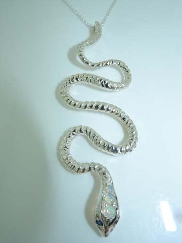 Vista 3 de Ladies Solid 925 Sterling Silver Natural Opal & Sapphire Detailed Snake Pendant Necklace